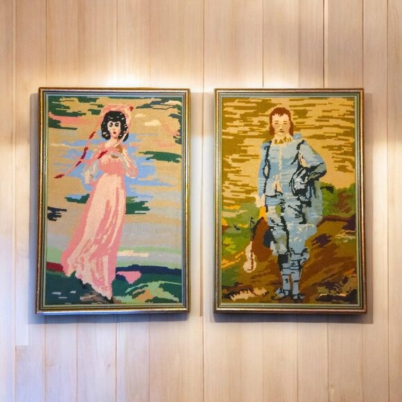 Vintage Mid Century Needlepoint Pinky Girl and Blue Boy Wall Art